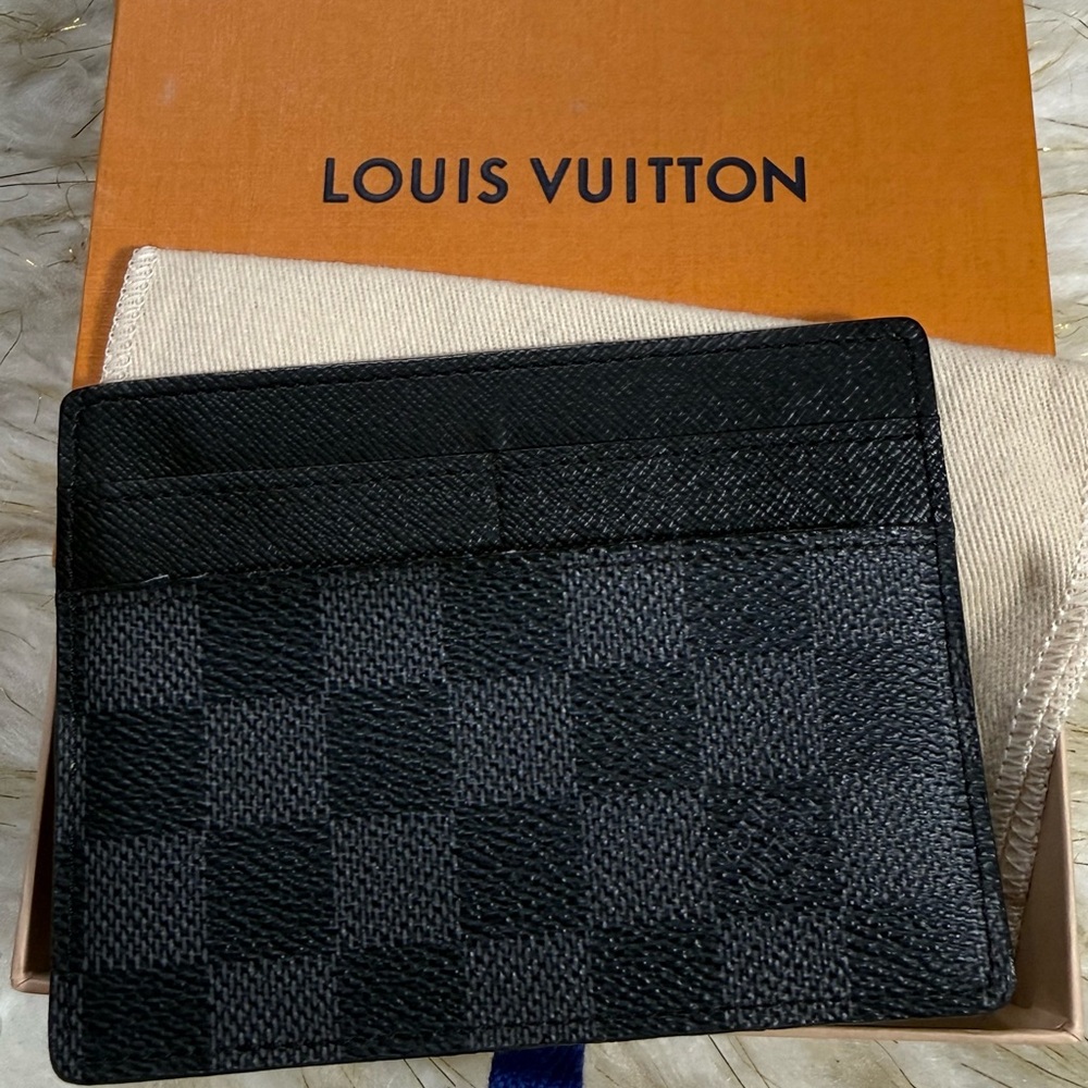 Louis Vuitton Black Graphite Checkered Card Holder with Duster and Box Unisex